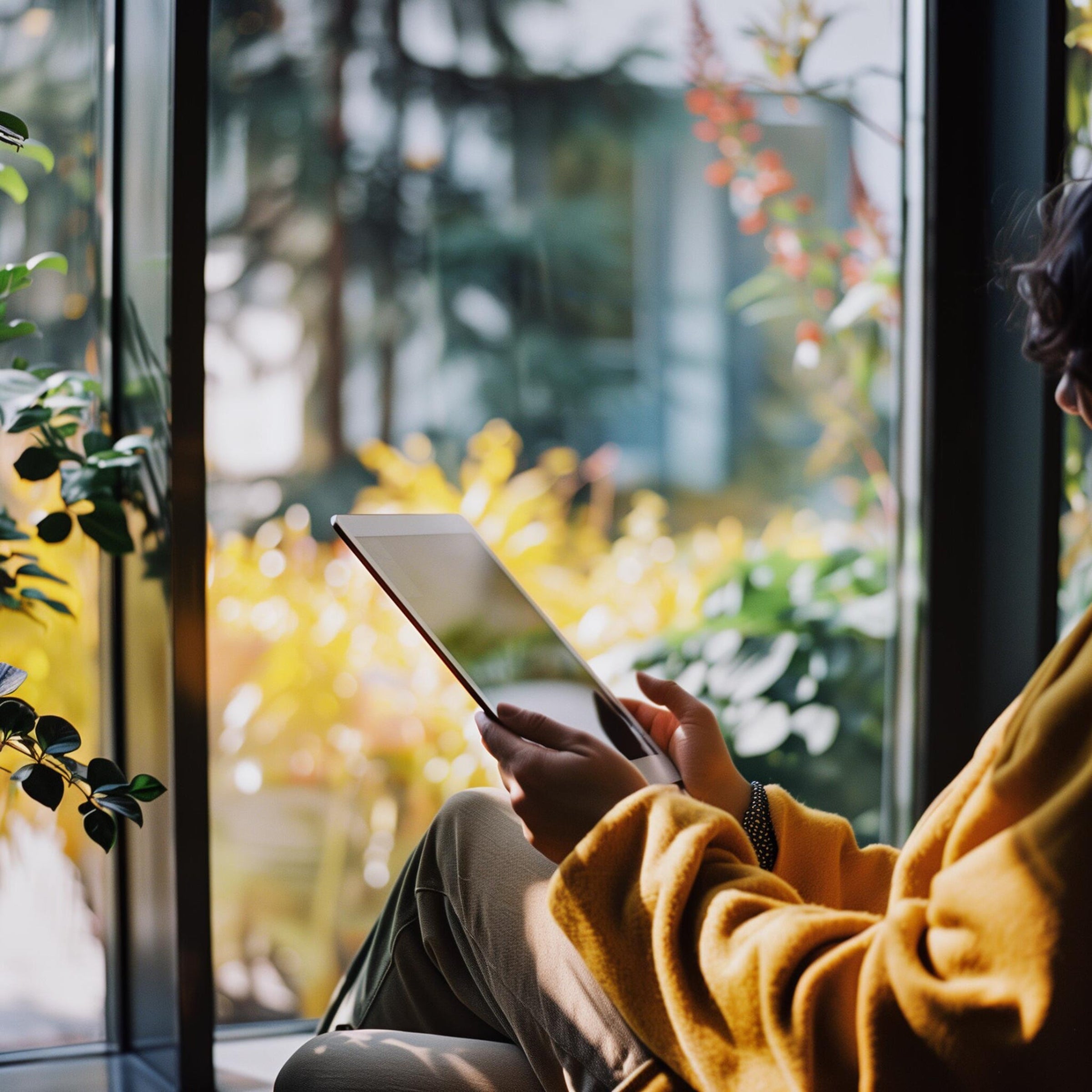 Person using a tablet by a window with a garden view